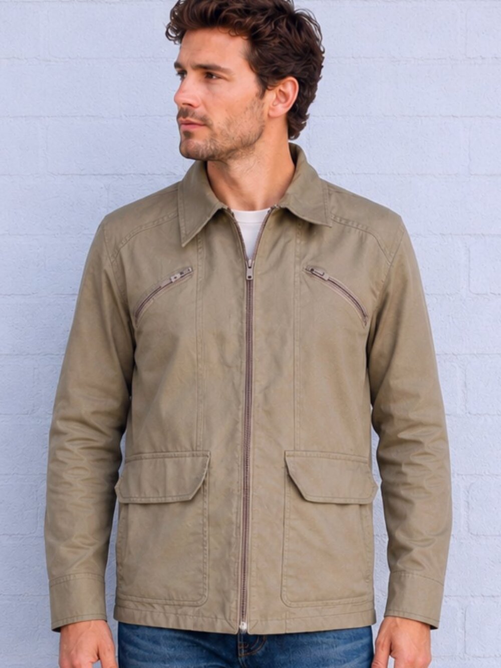 London Fog 40 Reg Khaki Zip Front Pockets Lined Casual Rain Jacket VTG